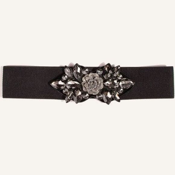 Ornate Rhinestone Black Victorian Stretch Wide Belt - Picture 4 of 6